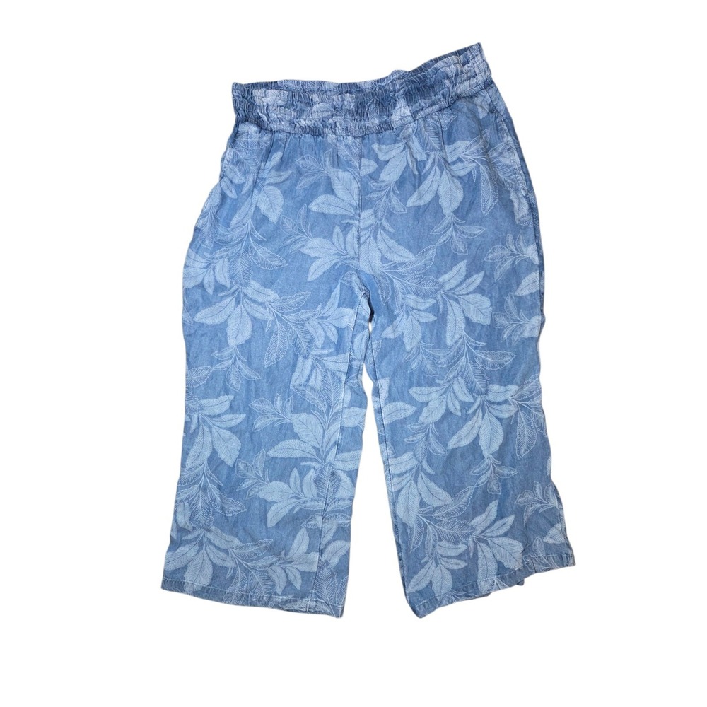Land‎ N Sea Wide Leg High Rise Crop Light Blue Leaf Print Pull-On Pants XL 36x23